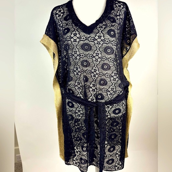 Dis Moi Paris Other - NWOT Black and Gold Kaftan Floral Crochet Swim Coverup with Belted Waist